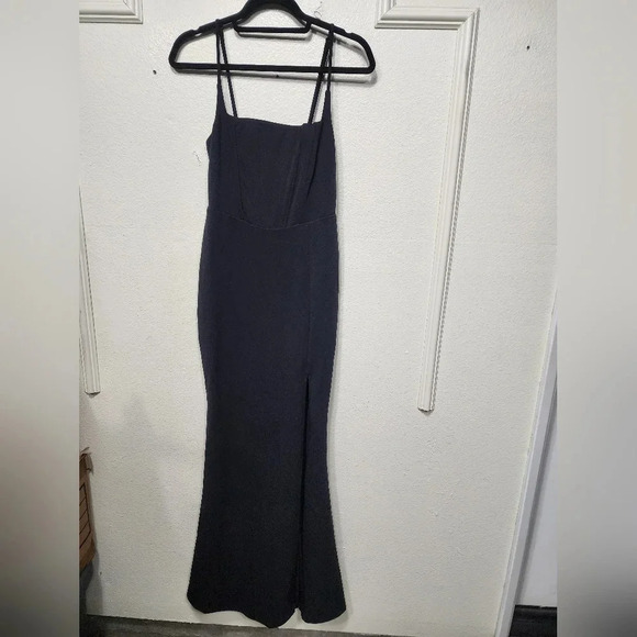 Lulu's Black Sheath Maxi Dress with Slit and Spaghetti Straps - Picture 6 of 9